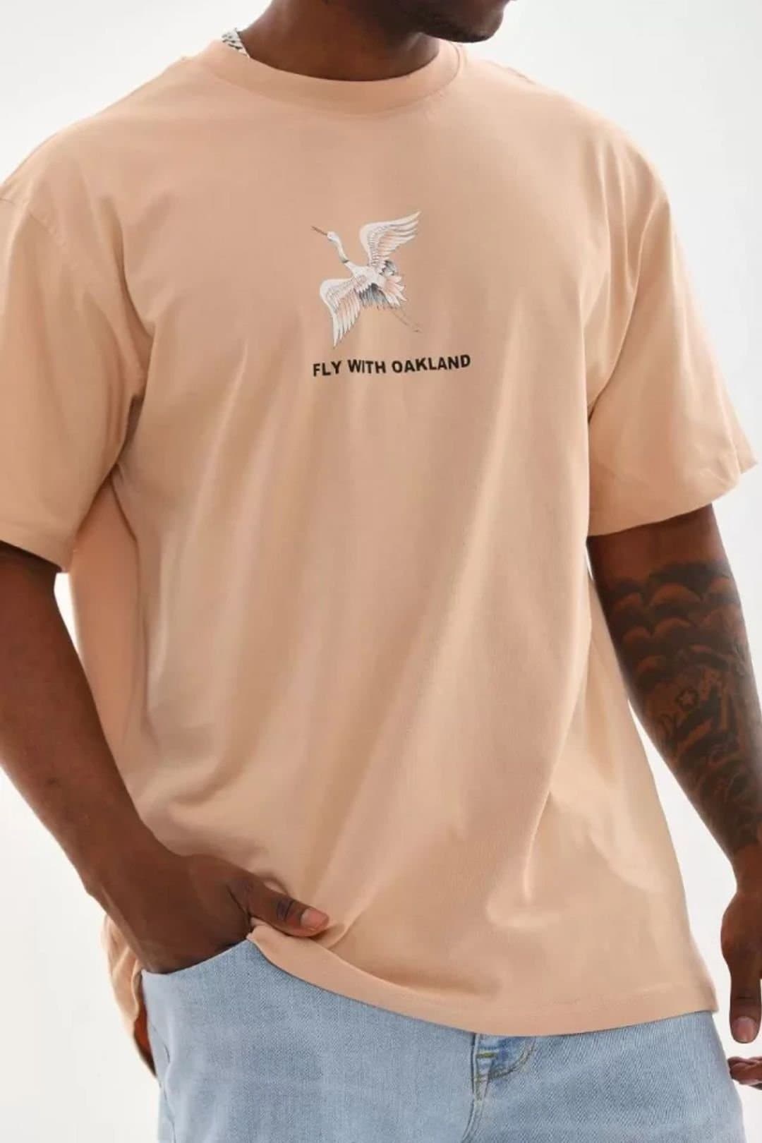 Janes Janes Men's Oversized Printed Crew Neck T-Shirt with Back Print in Beige