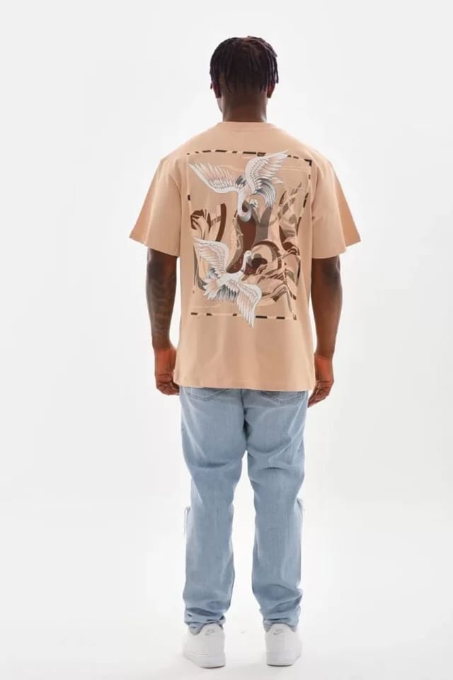 Janes Janes Men's Oversized Printed Crew Neck T-Shirt with Back Print in Beige - 2