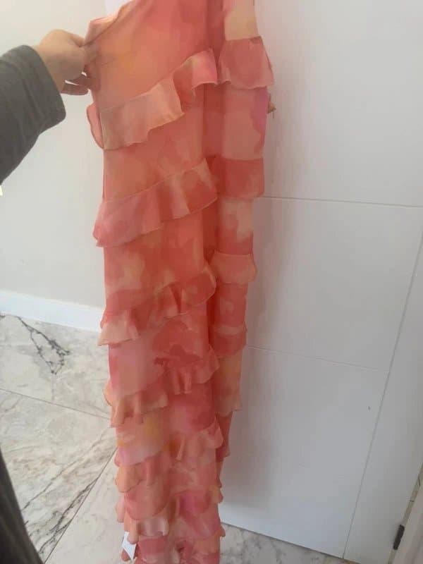 Pretty Lavish #Pretty Lavish Ruffle Midi Dress – Pink/Orange Watercolour – Size UK 10 – New Without Tags