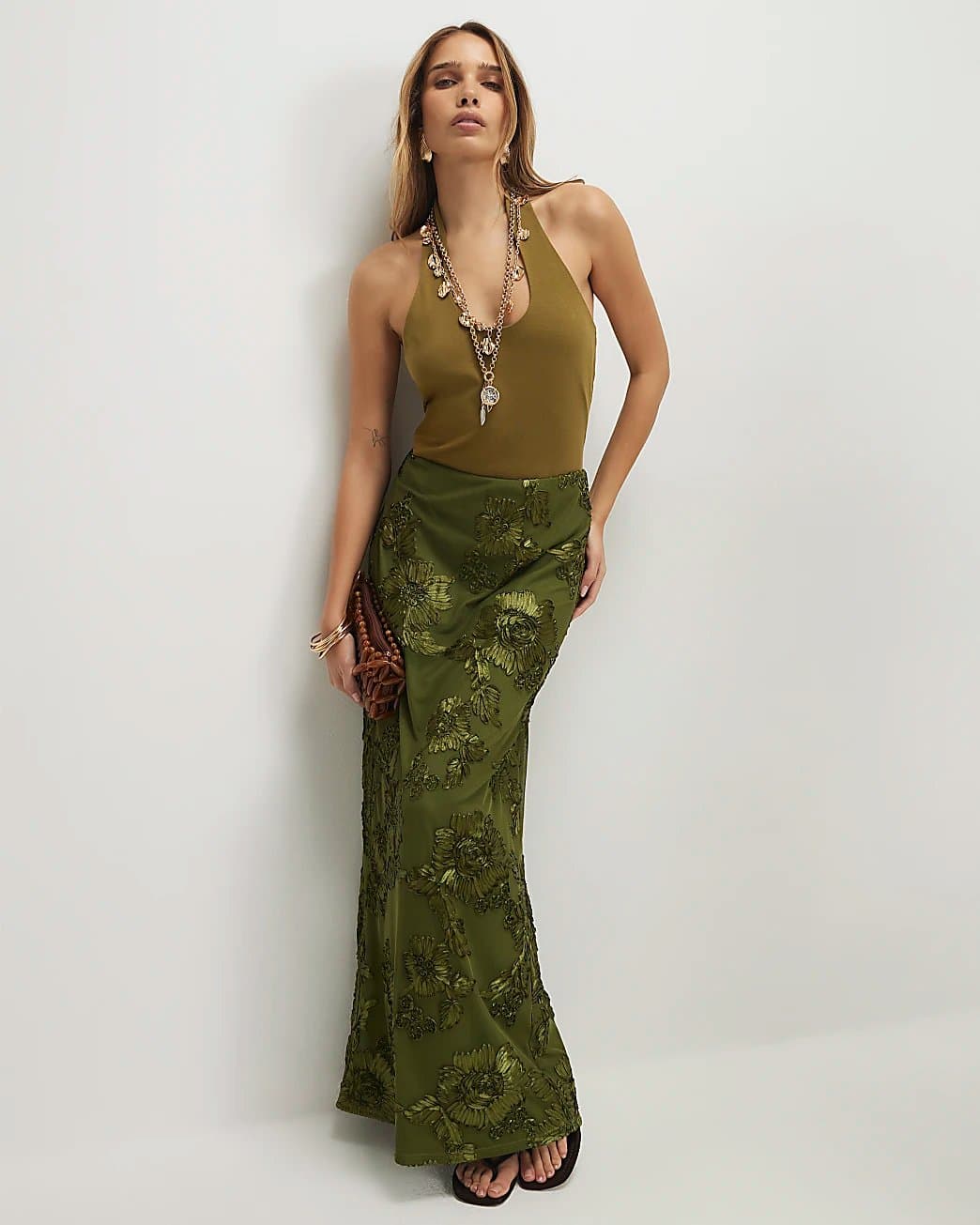 River Island River Island Womens Khaki Cornelli Maxi Skirt