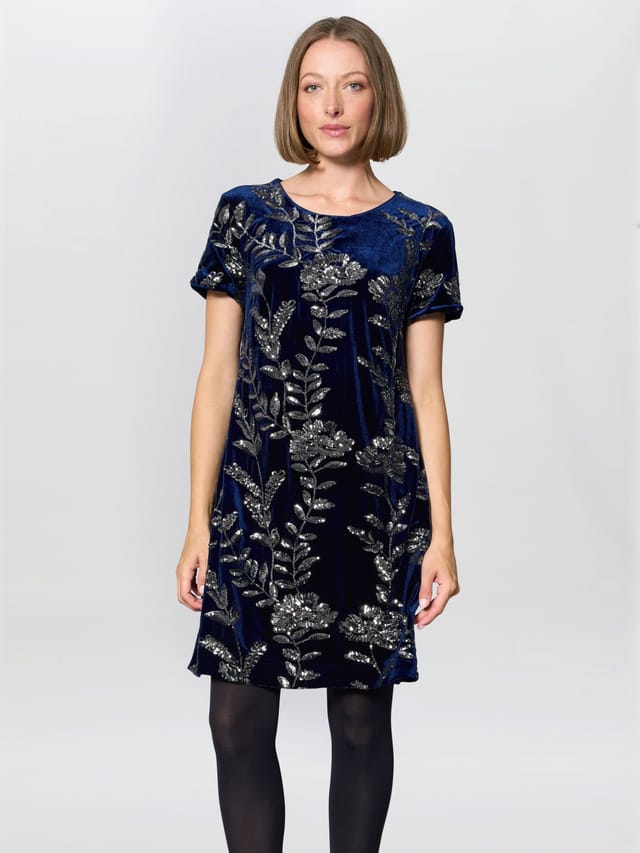 Gina Bacconi Gina Bacconi Women's Cleopatra Embroidered Velvet Dress in Navy - 2