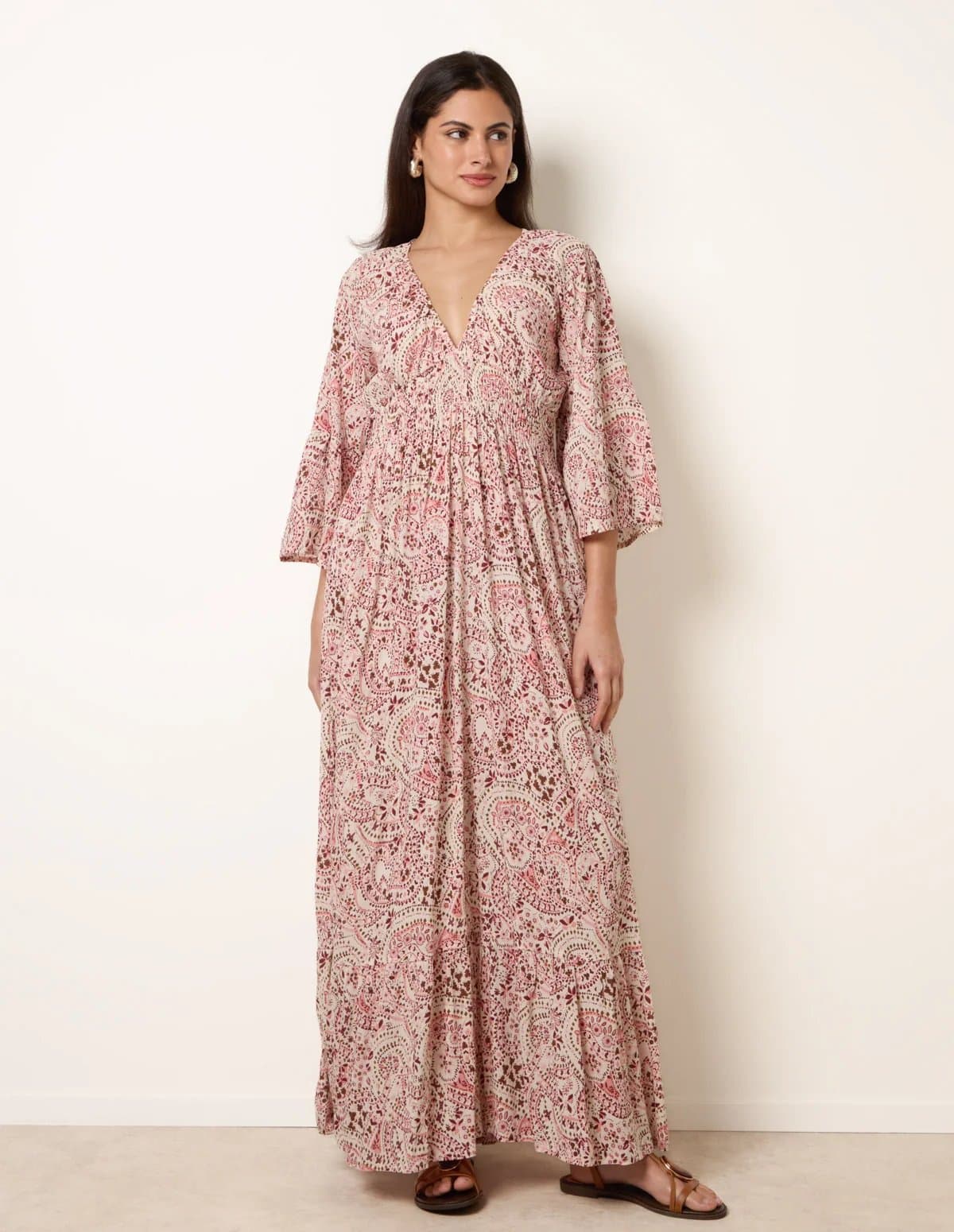 Blue Vanilla Printed Shirred Waist V Neck Maxi Dress