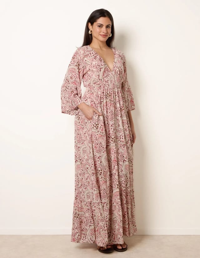 Blue Vanilla Printed Shirred Waist V Neck Maxi Dress - 3