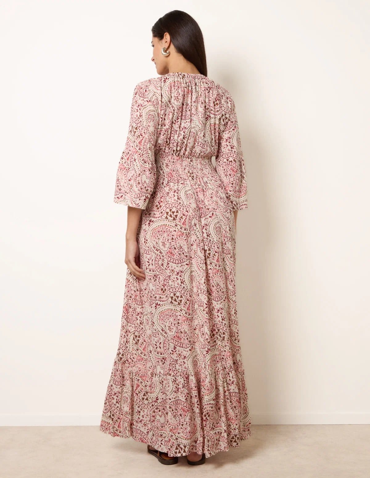 Blue Vanilla Printed Shirred Waist V Neck Maxi Dress - 4