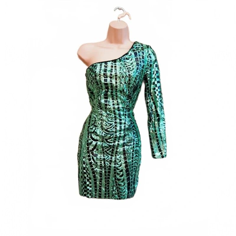 Topshop Topshop Green Black Sequin One Shoulder Bodycon Beaded Party Cocktail Dress 6 XS
