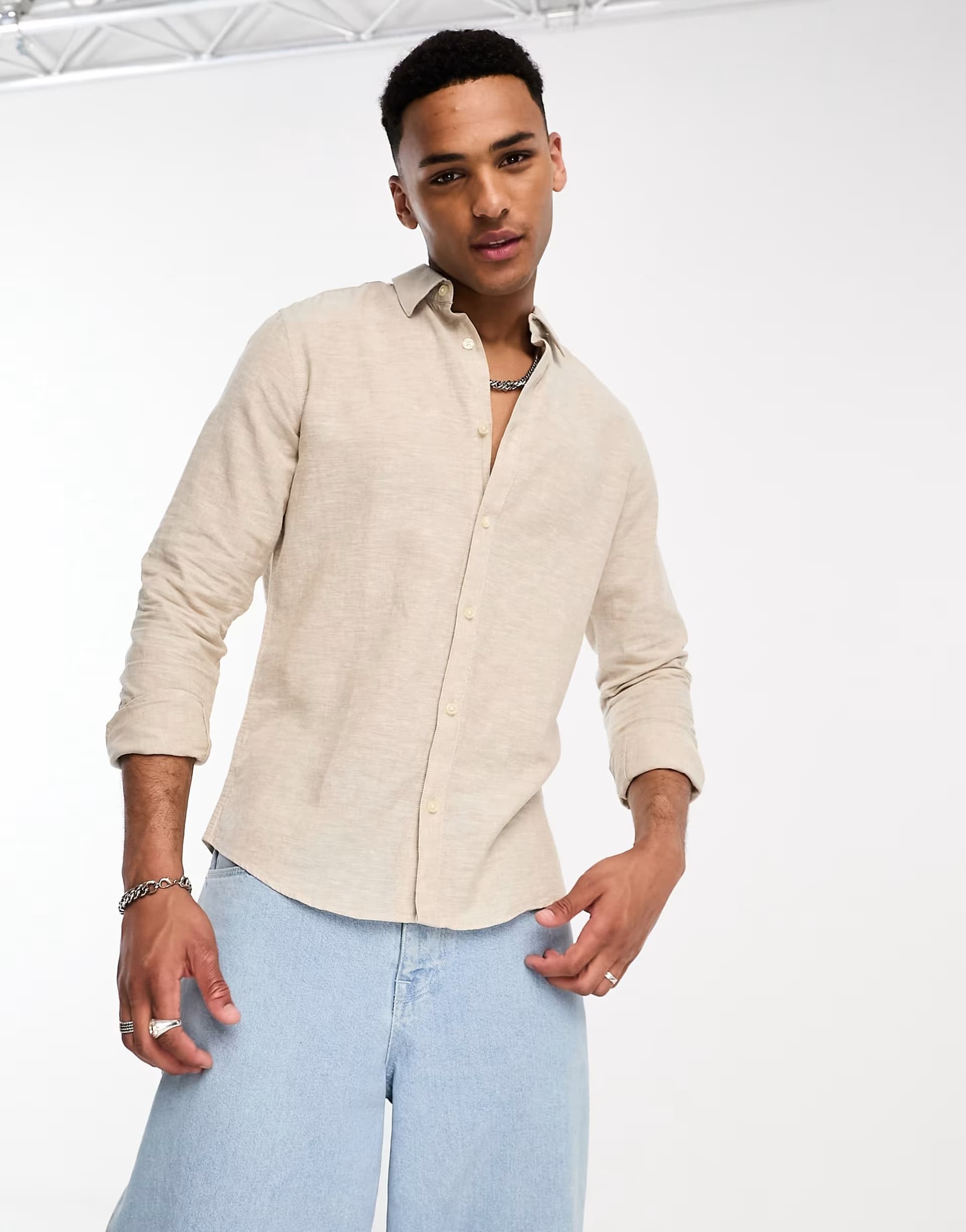ASOS ONLY & SONS linen mix long sleeve shirt in beige