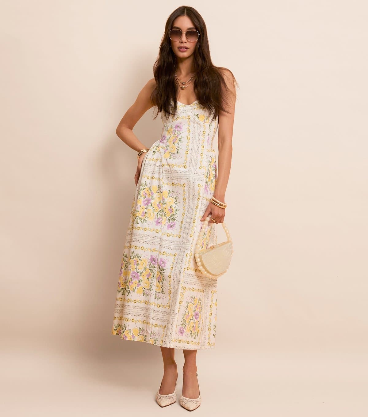 New Look Women's Cream Floral Print Corset Bust Flared Midi Dress New Look