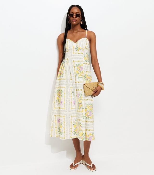 New Look Women's Cream Floral Print Corset Bust Flared Midi Dress New Look - 2