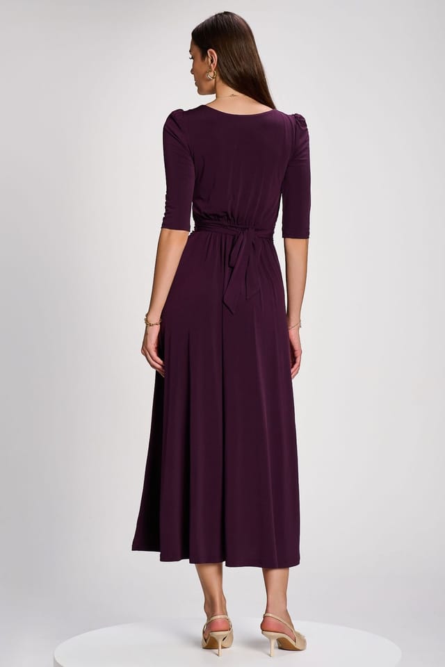 Jolie Moi Jolie Moi Women's 3/4 Sleeve Plain Jersey Maxi Dress in Purple - 2