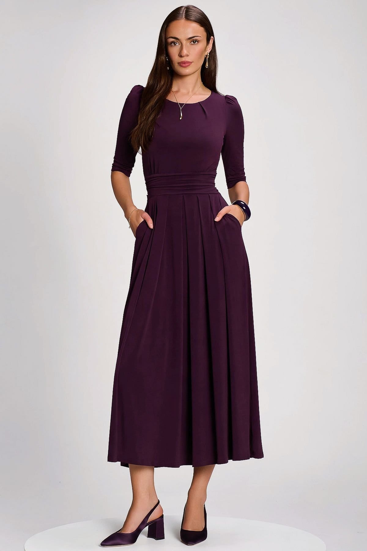 Jolie Moi Jolie Moi Women's 3/4 Sleeve Plain Jersey Maxi Dress in Purple - 4