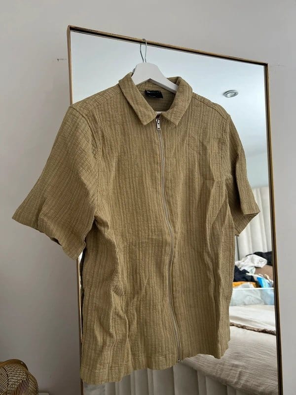 ASOS Textured Zip Short Sleeve Shirt Beige