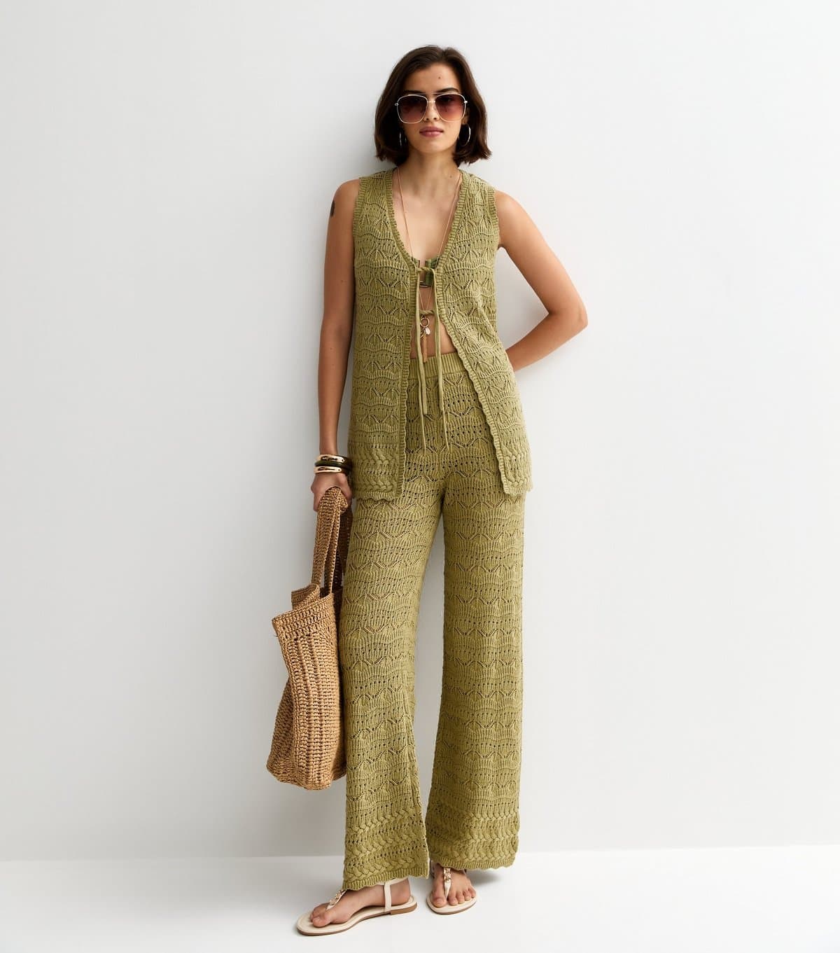 New Look Women's Khaki Cotton Rich Wave Stitchy Trousers New Look