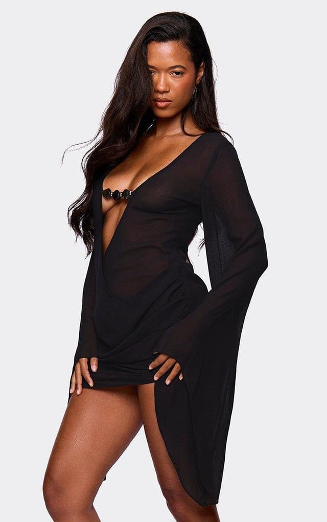 EGO Long Flared Sleeve Stone Detail Mini Dress In Black Mesh, Women's Size UK 6 - 2
