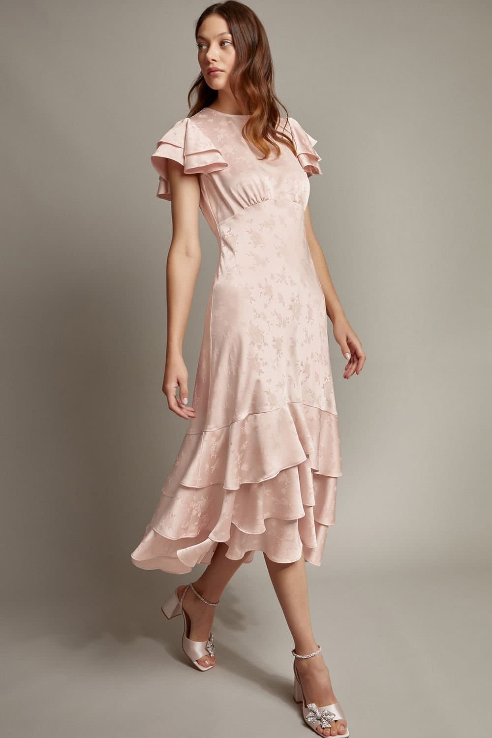 Monsoon Monsoon Women's Ester Satin Ruffle Midi Dress Red in Pink
