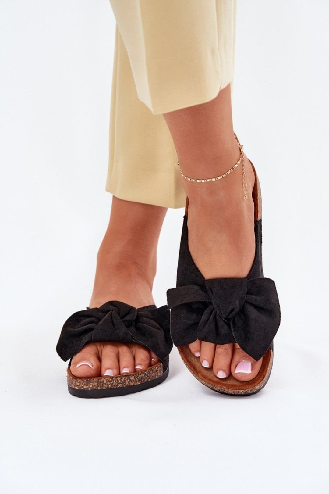 Love Lace Love Lace Black Suede Bow Front Cork Sole Flip Flops