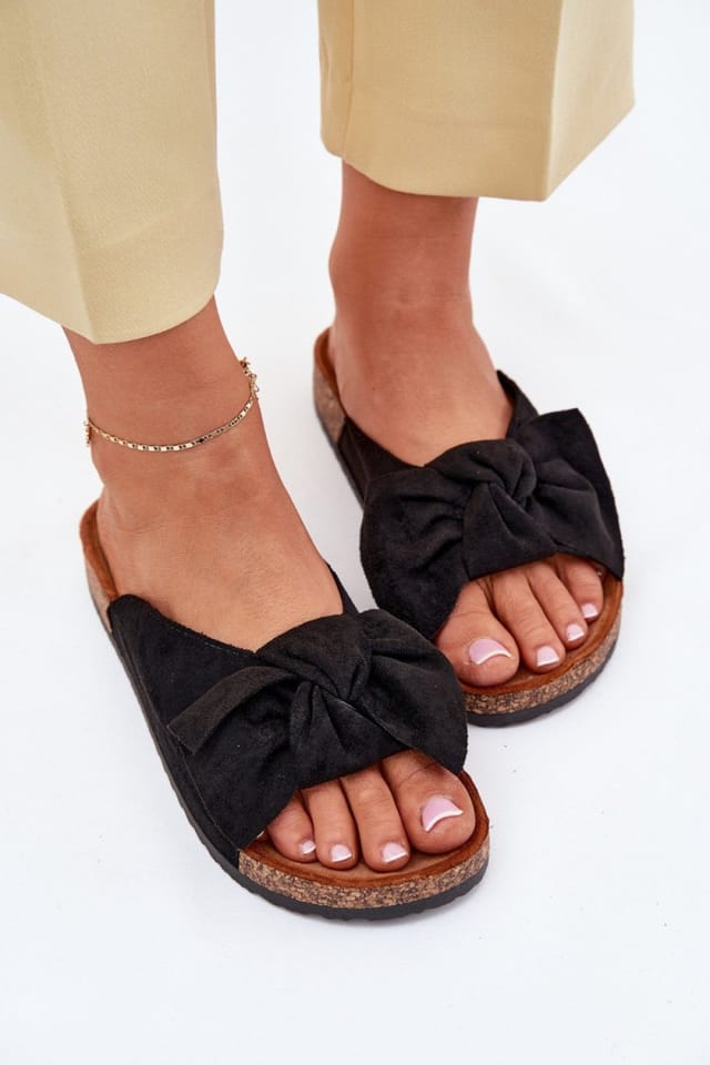 Love Lace Love Lace Women's Bow Front Cork Sole Suede Sandals Contoured Insole Flip Flops in Black - 3