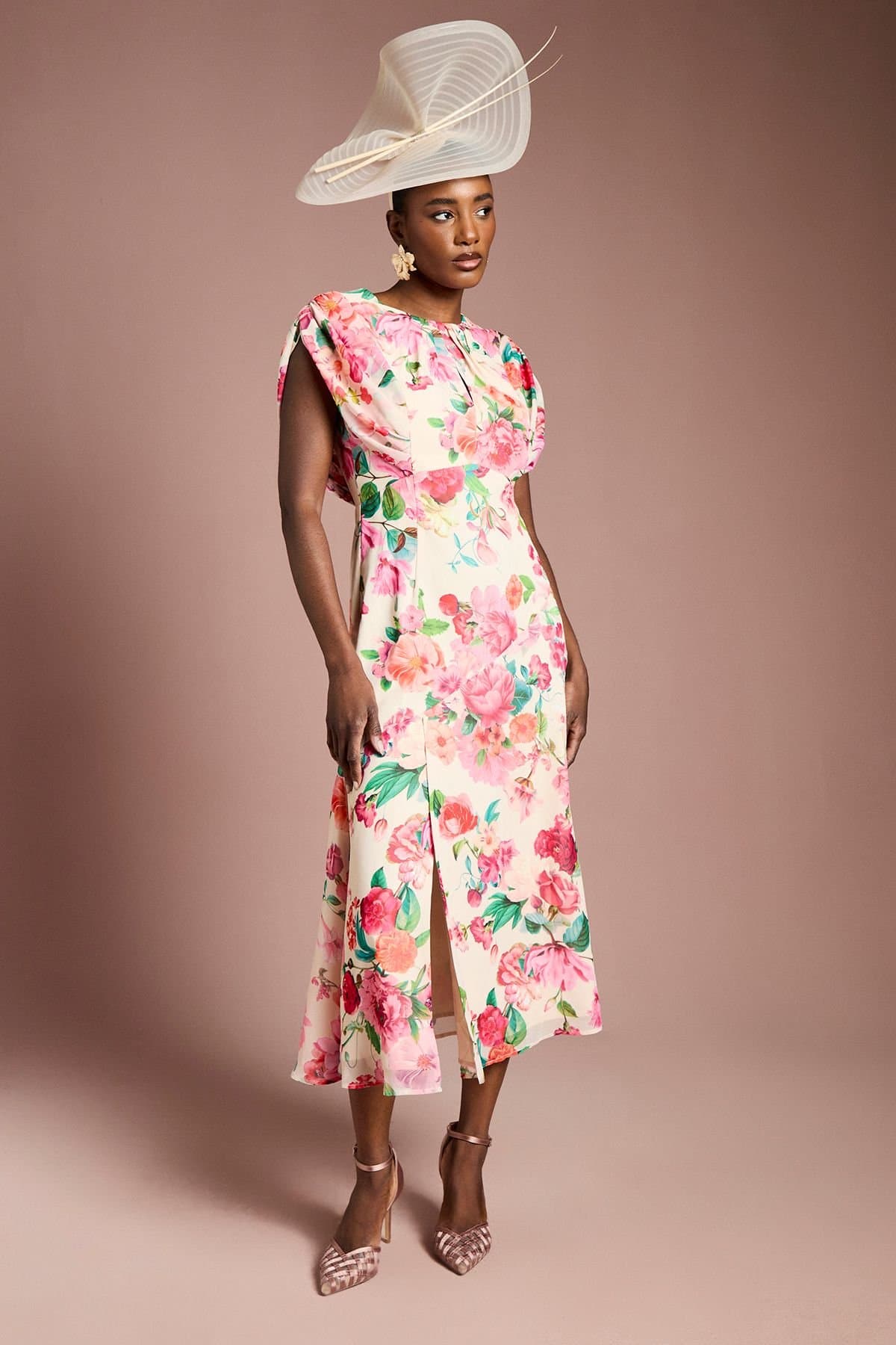 Coast Coast Women's Cap Sleeve Floral Chiffon Midi Dress in Ivory