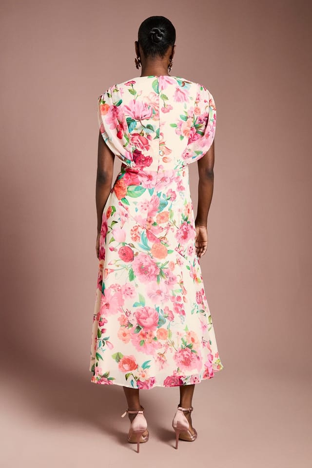 Coast Coast Women's Cap Sleeve Floral Chiffon Midi Dress in Ivory - 3