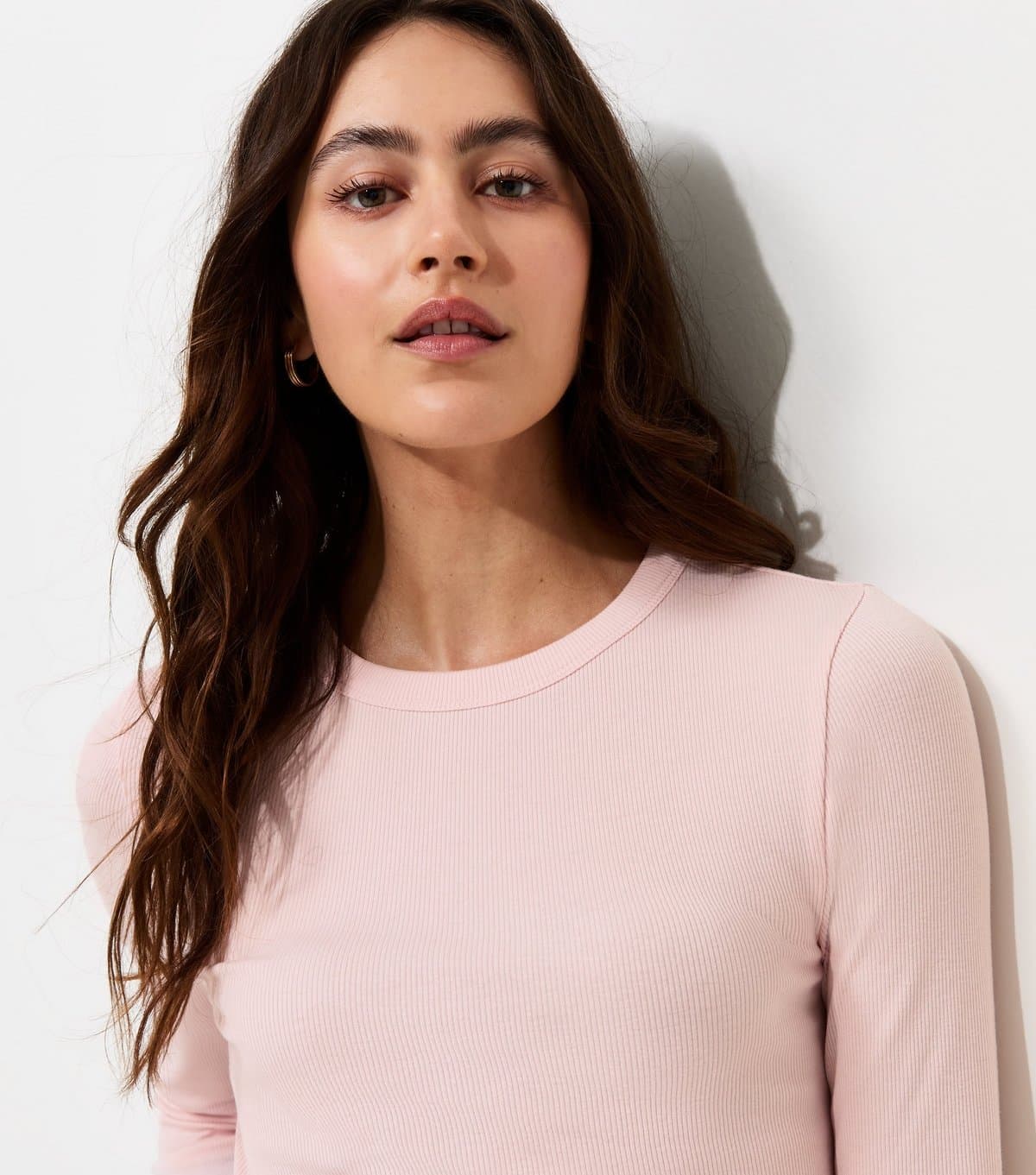 New Look Women's Light Pink Cotton Rich Ribbed Crew Neck Long Sleeve Top New Look
