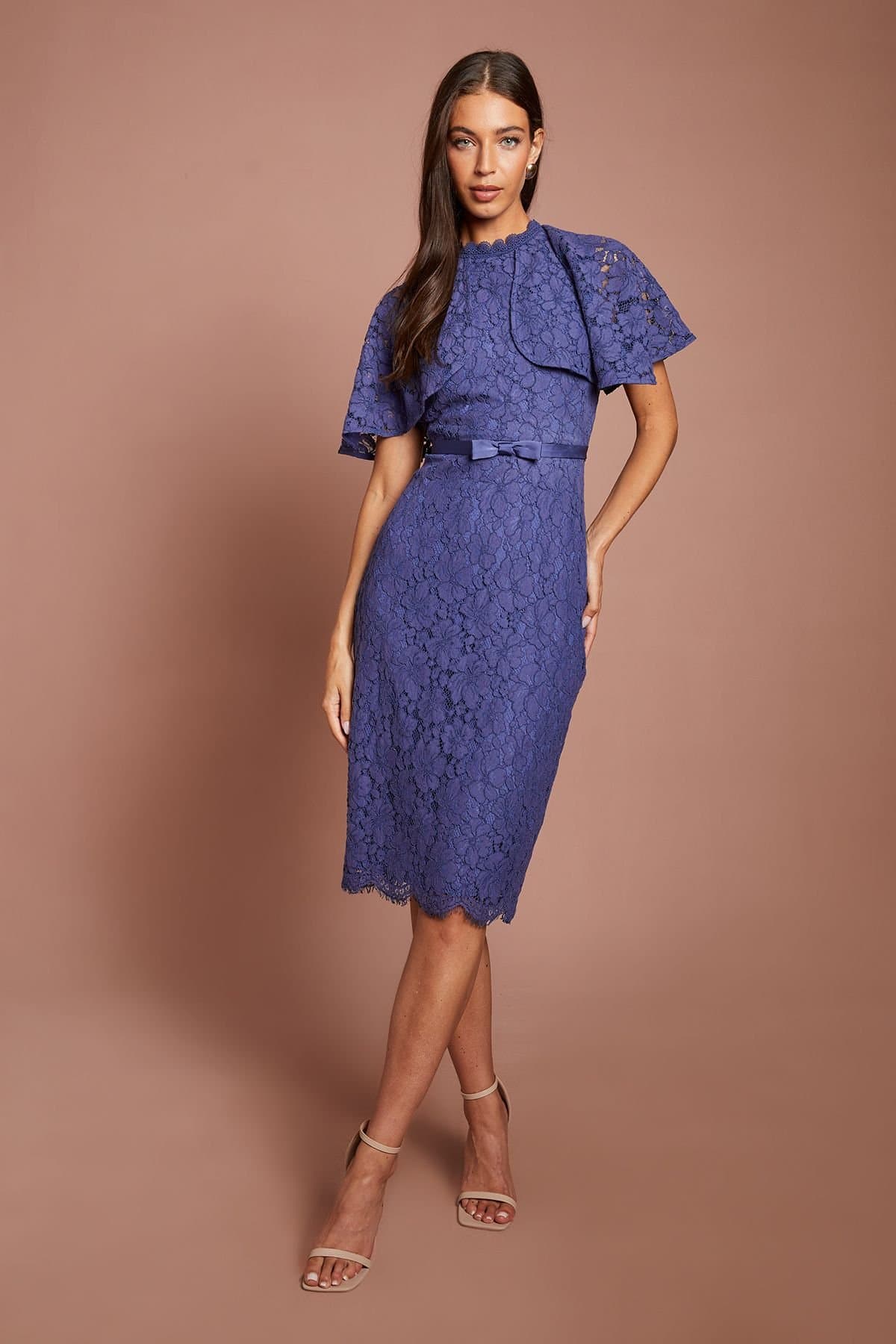 Coast Coast Women's Lace Cape Top Belted Pencil Midi Dress in Blue