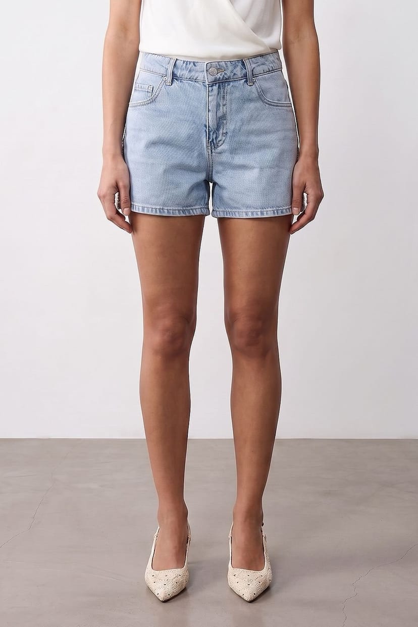 Dilvin Dilvin Women's High-Waist Linen Denim Shorts in Light Blue - 1