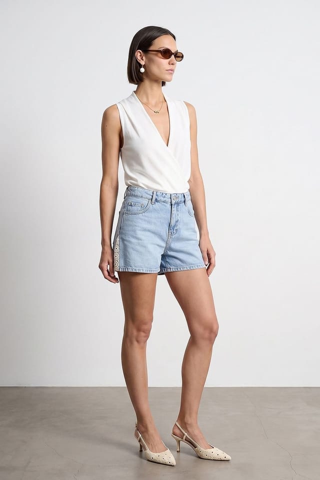 Dilvin Dilvin Women's High-Waist Linen Denim Shorts in Light Blue - 2