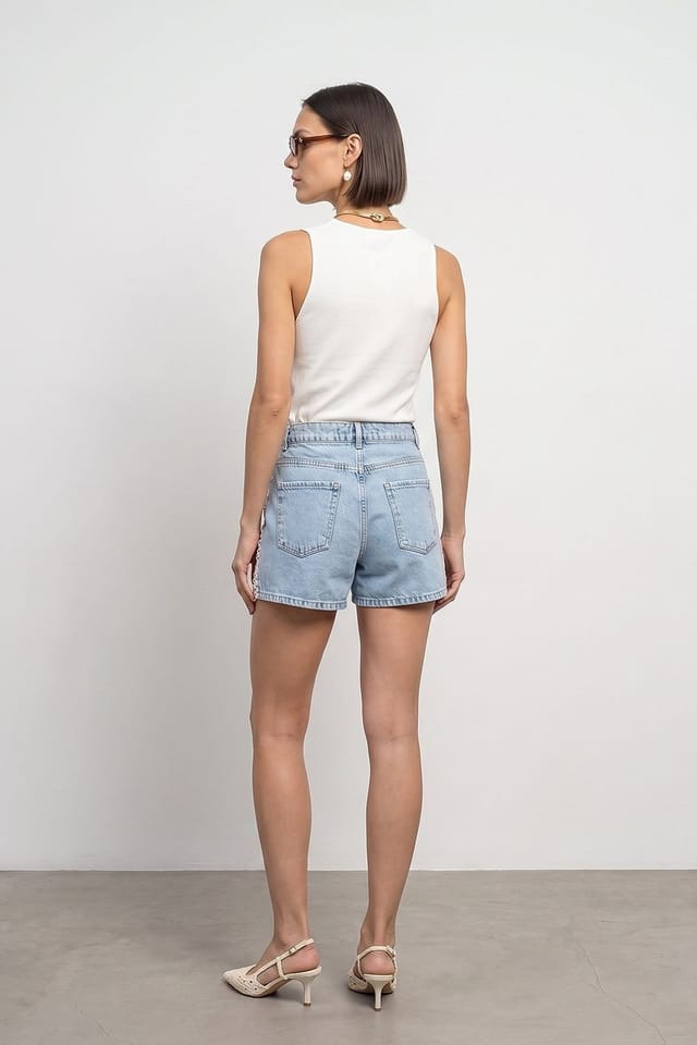 Dilvin Dilvin Women's High-Waist Linen Denim Shorts in Light Blue - 3