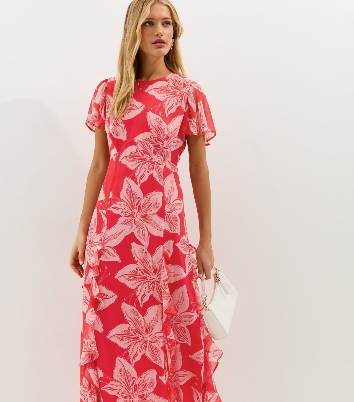 New Look Women's Red and Pink Orchid Godet Chiffon Midi Dress New Look