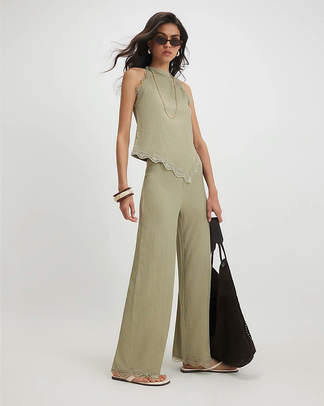 River Island River Island Womens Green Lace Trim Textured Wide Leg Trousers
