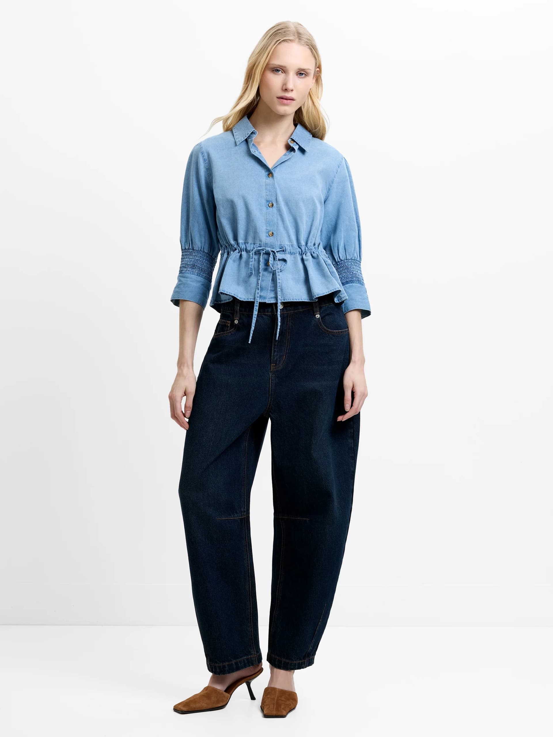 French Connection Zaves Chambray Denim Blue Drawstring Waist Top Light Wash Blue