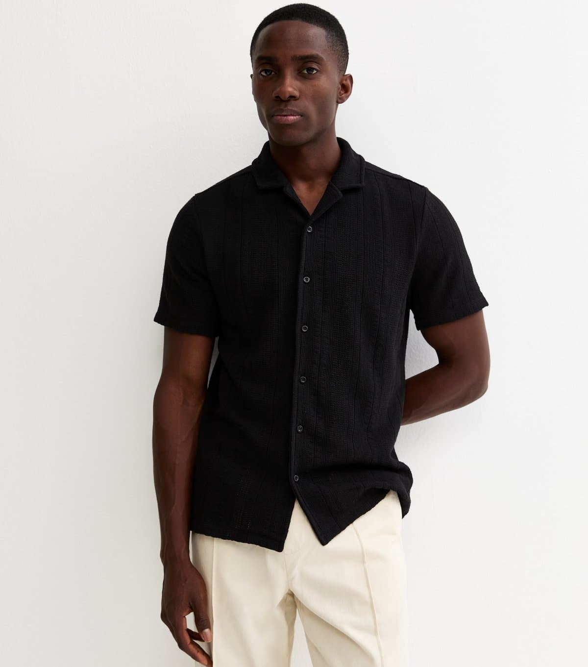 New Look Men's Black Relaxed Fit Textured Revere Collar Shirt New Look