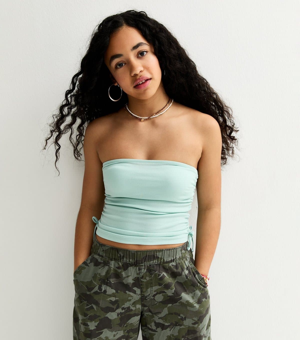 New Look Girls' Turquoise Ruched Side Tie Bandeau Top New Look