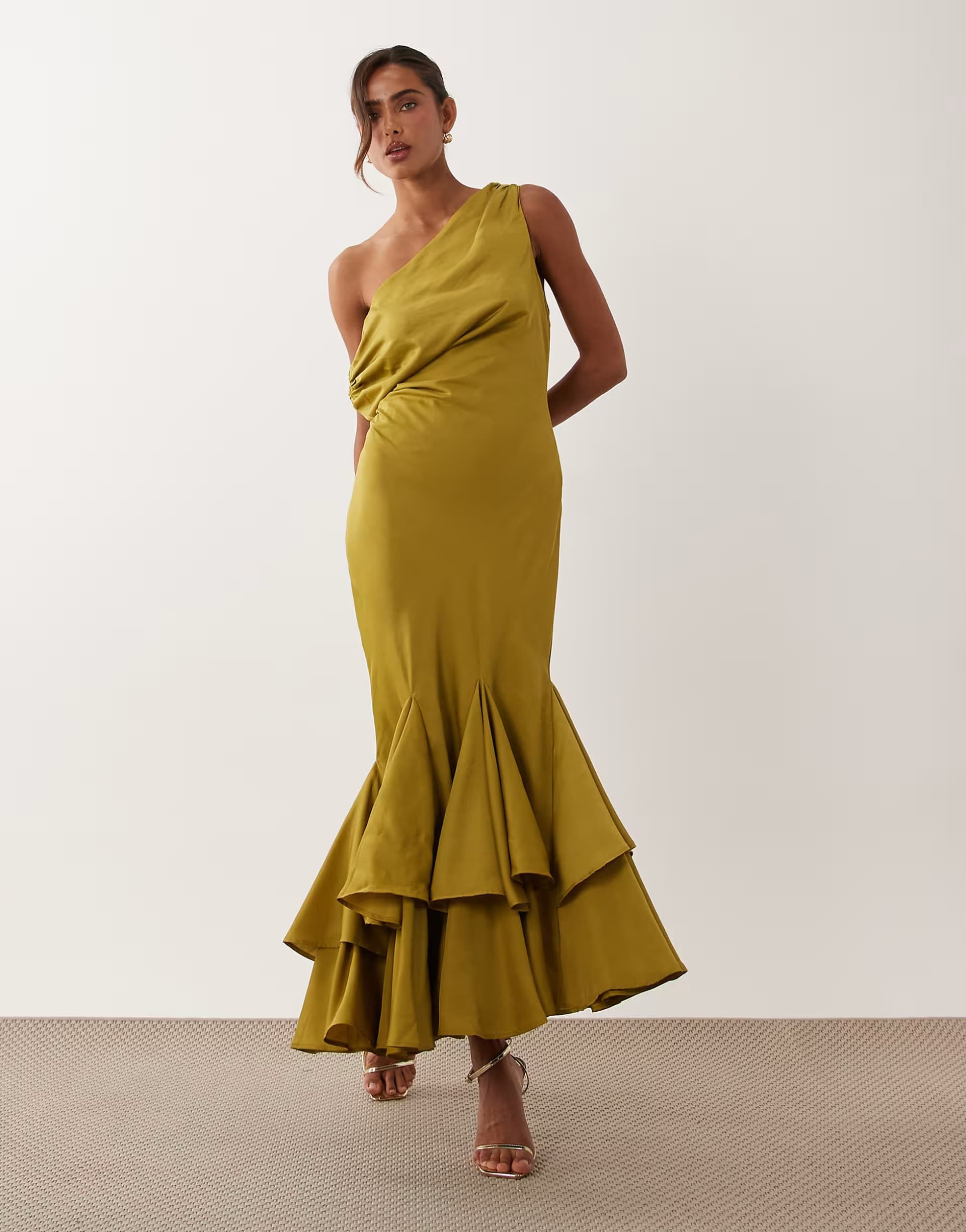ASOS ASOS DESIGN fallen shoulder midaxi dress with asymmetric godet hem in olive