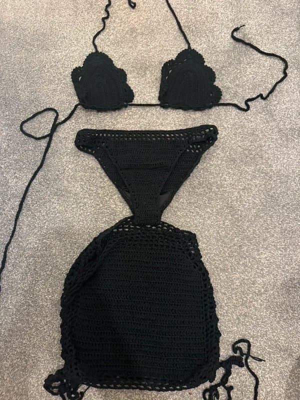 disco sisters 3 piece black crochet bikini co ord