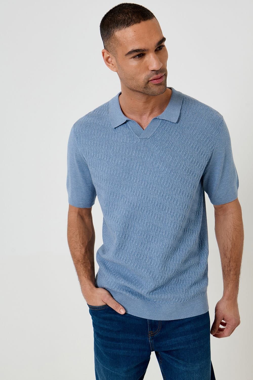 Threadbare threadbare Men's Textured Knit Trophy Neck Polo in Blue