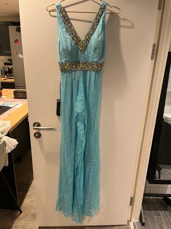 Aftershock Aftershock blue sequin beaded v neck empire waistline floaty ballgown prom dress maxi BNWT