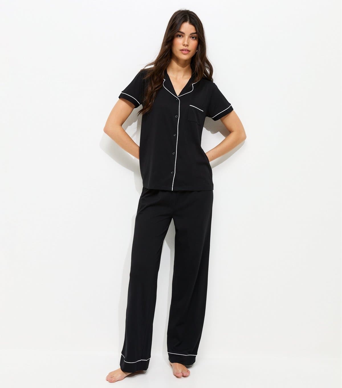 New Look Women's Black Contrast Piping Revere Shirt and Trousers Pyjama Set New Look