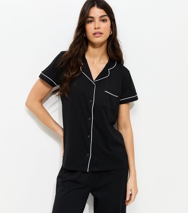 New Look Women's Black Contrast Piping Revere Shirt and Trousers Pyjama Set New Look - 3