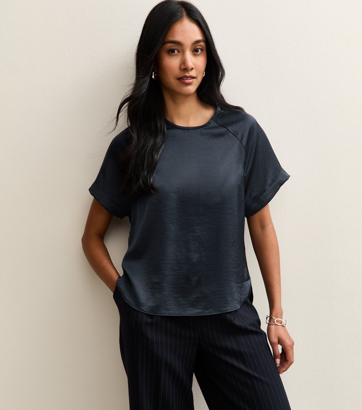 New Look Women's Navy Satin Short Raglan Sleeve Top New Look - 1