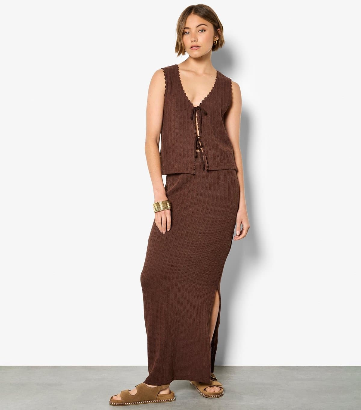 Apricot Women's Dark Brown Tie Front Pointelle Top Apricot New Look