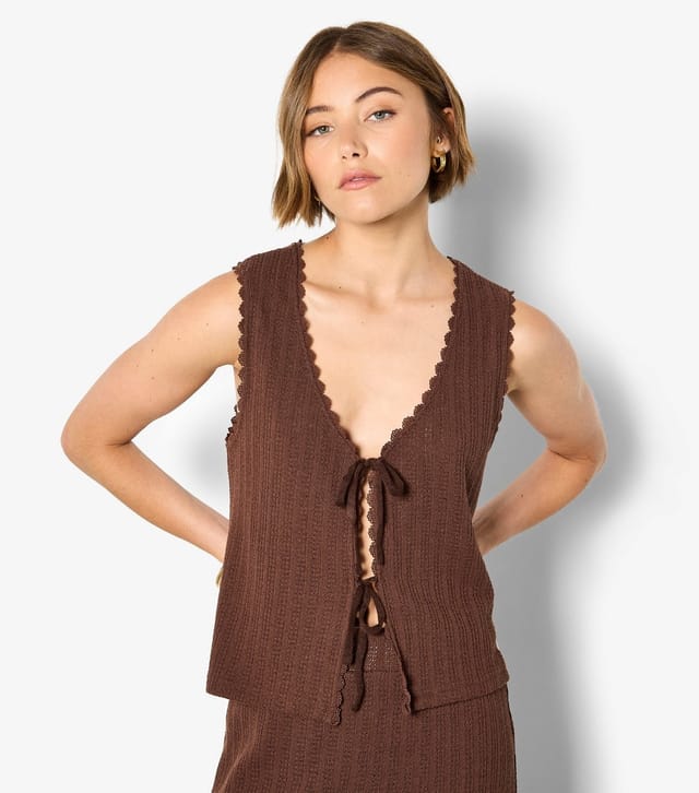 Apricot Women's Dark Brown Tie Front Pointelle Top Apricot New Look - 2