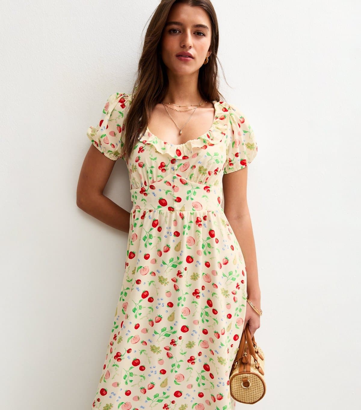 New Look Women's Cream Fruit Print Ruffle Trim Faux Button Tea Midi Dress New Look