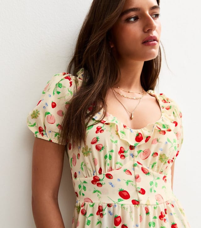 New Look Women's Cream Fruit Print Ruffle Trim Faux Button Tea Midi Dress New Look - 2