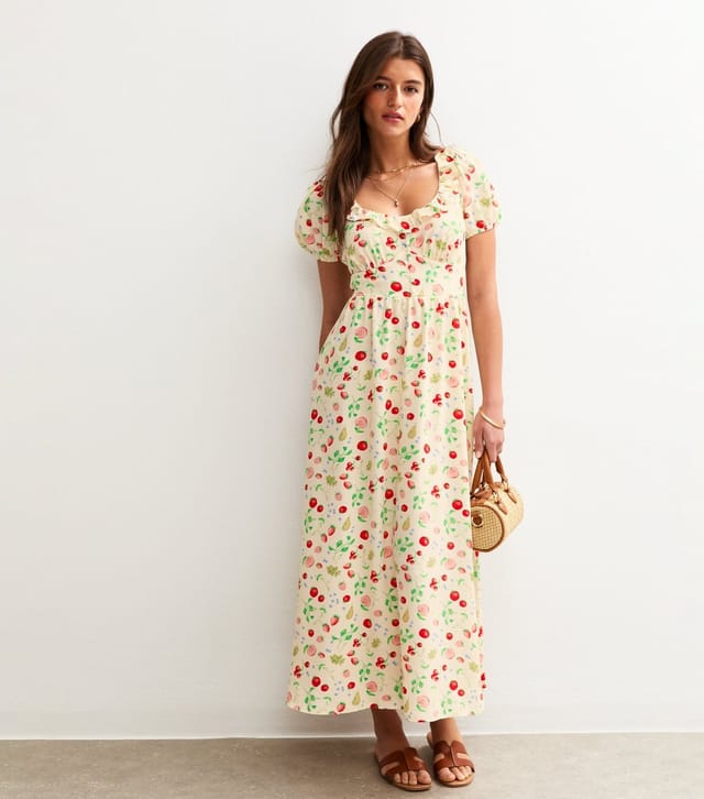 New Look Women's Cream Fruit Print Ruffle Trim Faux Button Tea Midi Dress New Look - 3