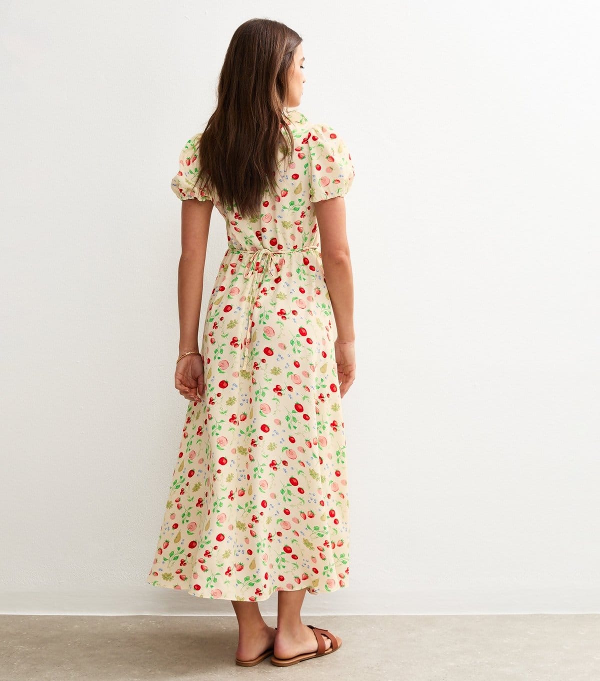 New Look Women's Cream Fruit Print Ruffle Trim Faux Button Tea Midi Dress New Look - 4