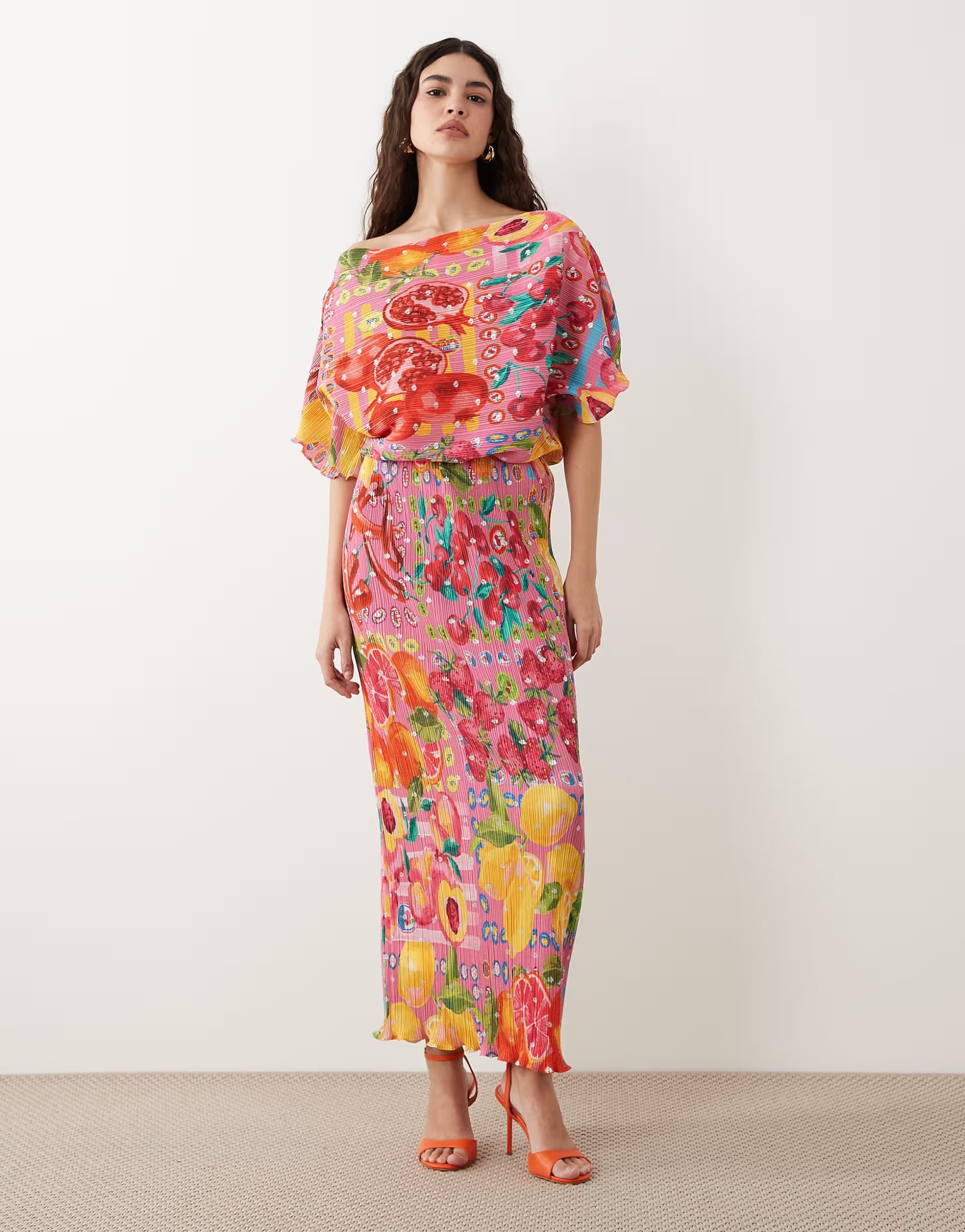 ASOS Never Fully Dressed Tilly off shoulder plisse maxi dress in pink fruit print