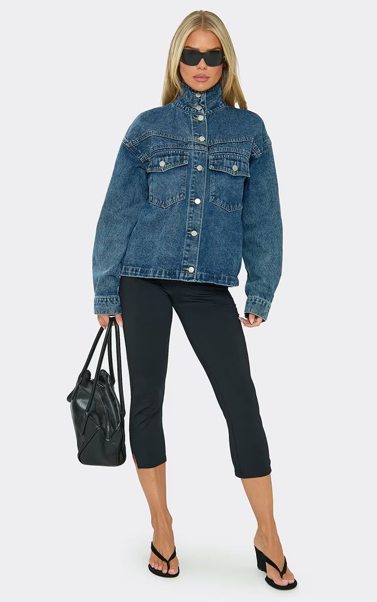 EGO Long Sleeve Button Up Collared Jacket In Mid Blue Denim, Women's Size UK 6