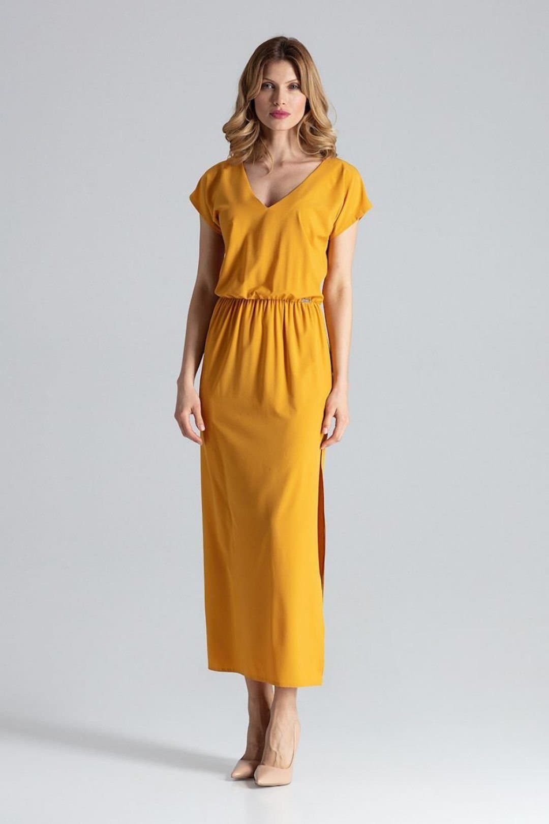 Love Lace Love Lace Women's Light Airy Long V Neck Dress with Slit in Yellow