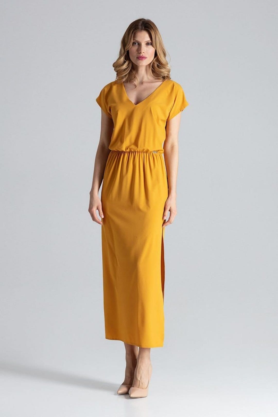 Love Lace Yellow V-Neck Long Dress with Slit in Yellow