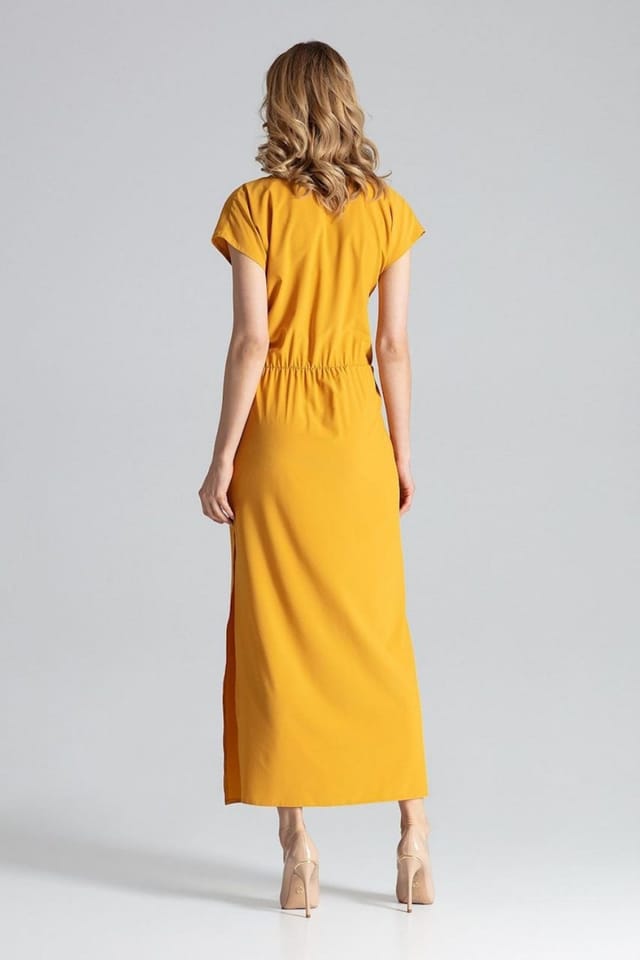 Love Lace Love Lace Women's Light Airy Long V Neck Dress with Slit in Yellow - 2